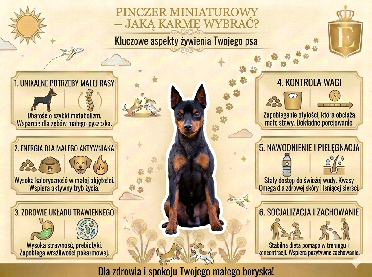 Infografika przedstawiająca najważniejsze zasady żywienia pinczera miniaturowego. W centrum znajduje się pinczer miniaturowy, a wokół niego sześć sekcji opisujących kluczowe aspekty diety: potrzeby żywieniowe małej rasy, odpowiednią podaż energii, wsparcie układu trawiennego, kontrolę masy ciała, znaczenie nawodnienia i pielęgnacji oraz wpływ prawidłowego żywienia na zachowanie psa.